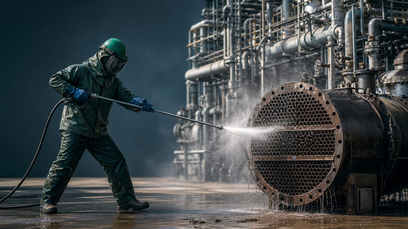 High-pressure water jetting on a heat exchanger